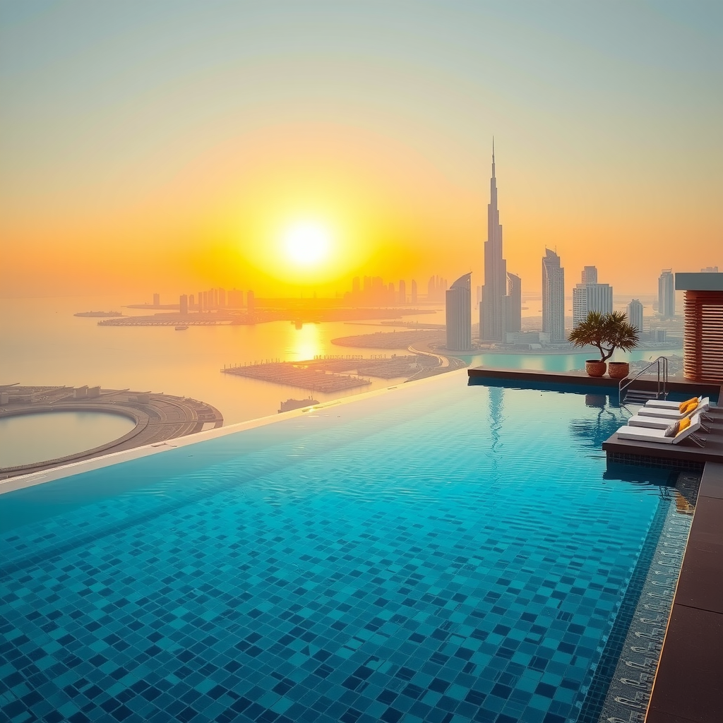 Stunning infinity pool at Dubai Sky Pool Aura with panoramic views of Dubai skyline, Palm Jumeirah, and Arabian Gulf at golden hour