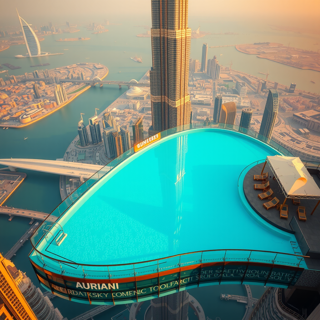 Stunning aerial view of Dubai Sky Pool Aura's infinity edge pool suspended 200 meters above ground, with transparent floor sections revealing the city below, luxurious cabanas with champagne gold accents, and the iconic Burj Khalifa visible in the background during golden hour