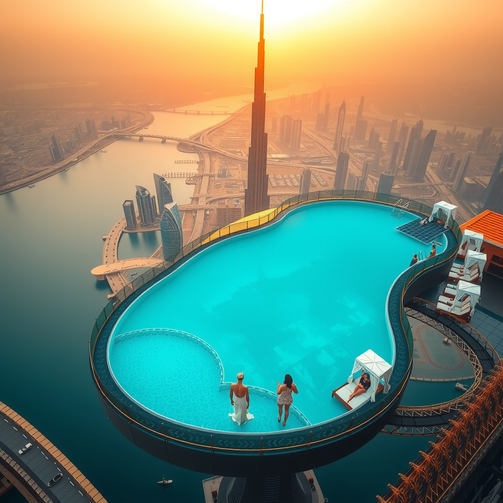 Breathtaking aerial view of Dubai Sky Pool Aura infinity pool at sunset, suspended 200 meters above ground with panoramic Dubai skyline, luxury cabanas with white draping, and golden hour lighting reflecting on crystal clear turquoise water