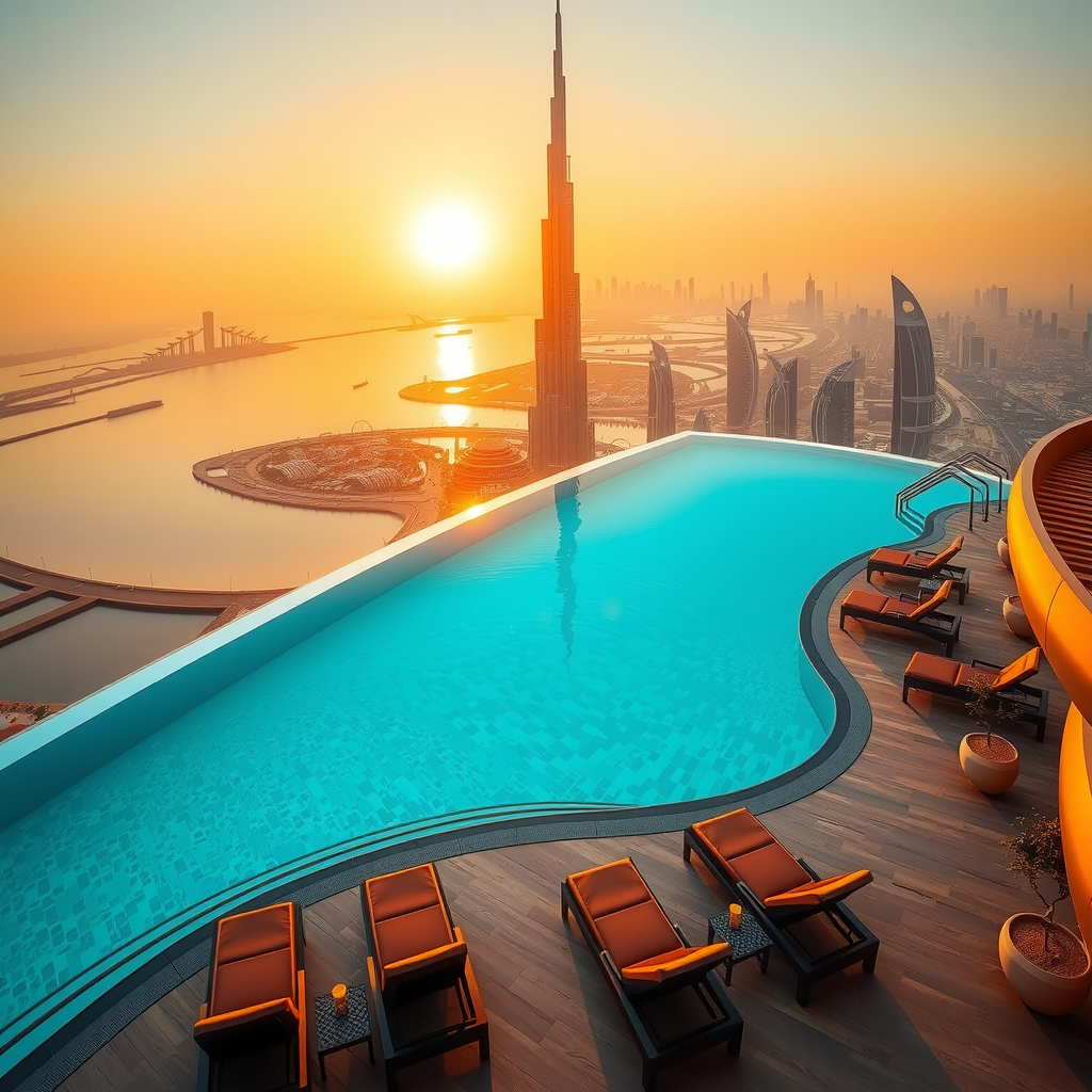 Stunning aerial view of Sky Pool Aura infinity pool at sunset, with crystal clear turquoise water reflecting golden hour light, overlooking Dubai's iconic skyline with Burj Khalifa in the distance, luxury loungers arranged poolside, and elegant architectural details