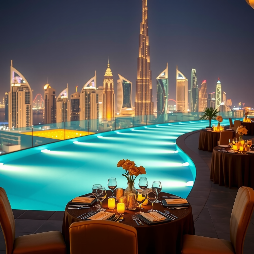Elegant evening celebration at Sky Pool Aura with Dubai skyline illuminated in background, infinity pool reflecting city lights, beautifully decorated tables with champagne gold accents