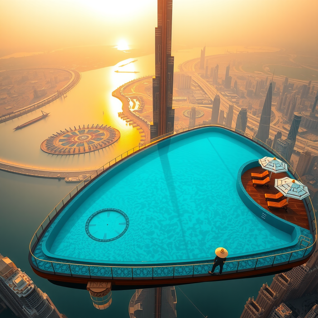 Stunning aerial view of Dubai Sky Pool Aura's infinity pool with transparent floor sections, suspended 200 meters above ground, showcasing the luxurious cabanas, golden sunset reflections on water, and breathtaking panoramic views of Dubai's skyline including Burj Khalifa in the background