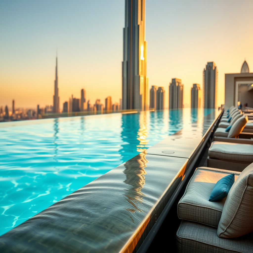 Close-up view of infinity pool edge at Dubai Sky Pool Aura with crystal clear turquoise water cascading over the edge, Dubai skyline including Burj Khalifa visible in the background, luxury pool furniture with plush cushions, and warm golden sunset lighting