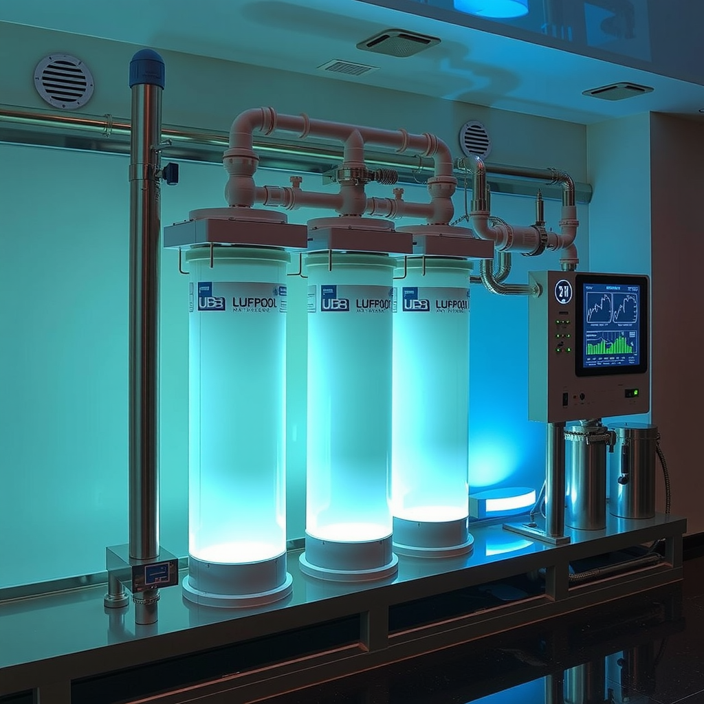 State-of-the-art water filtration and purification system at Dubai Sky Pool Aura, featuring advanced UV treatment units, multi-stage filters, and digital monitoring displays showing real-time water quality metrics