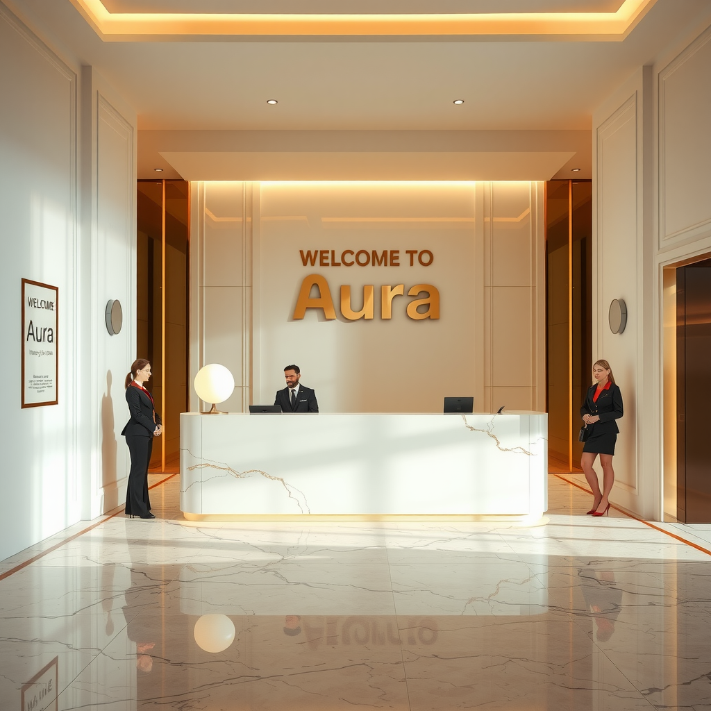 Elegant welcome desk at Sky Pool Aura entrance with champagne gold accents, modern minimalist design, professional staff in luxury uniforms greeting guests, marble flooring, and sophisticated lighting creating an upscale atmosphere