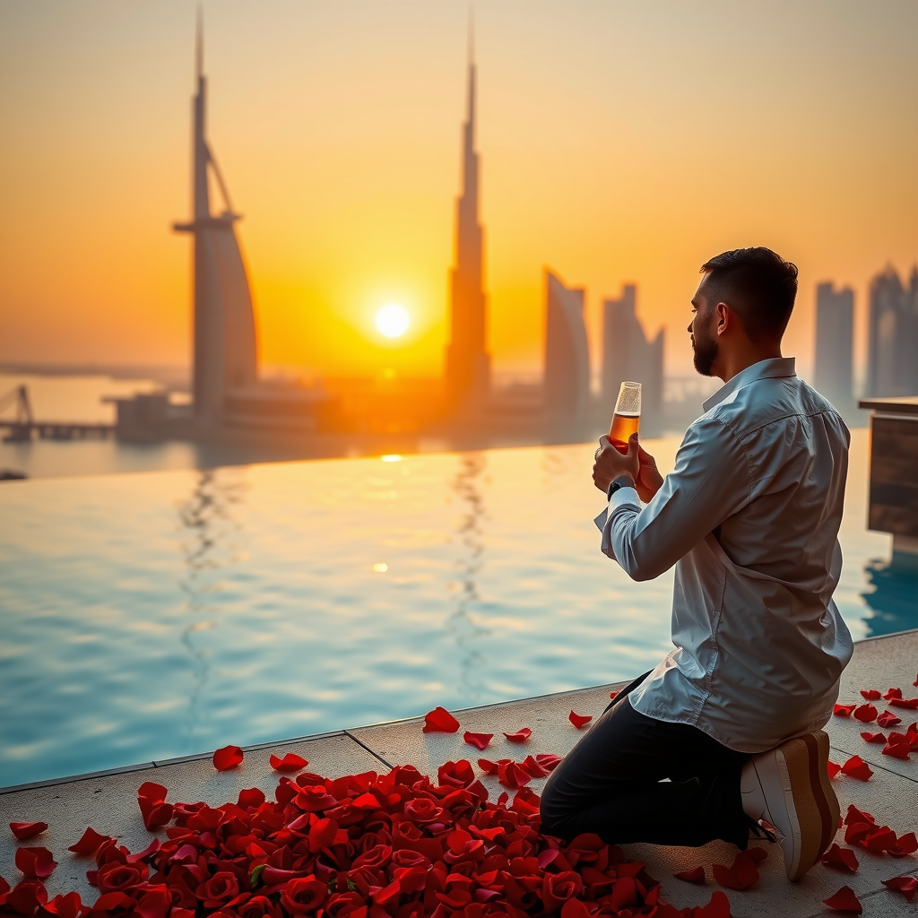 Romantic proposal setup at sunset by infinity pool with rose petals, champagne, and Dubai skyline at golden hour
