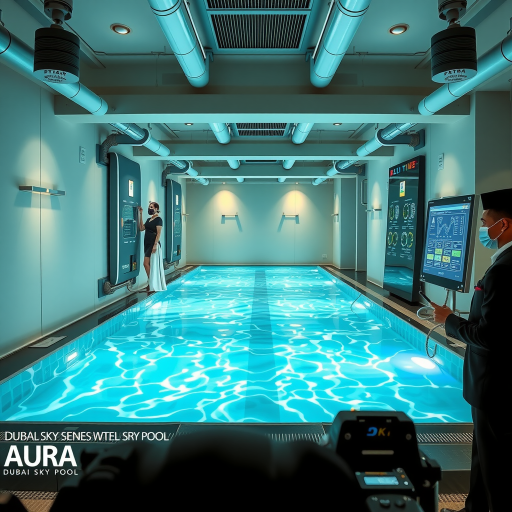 Behind-the-scenes view of Dubai Sky Pool Aura's state-of-the-art water filtration and maintenance systems, professional hospitality team in elegant uniforms conducting quality checks, advanced technology panels, pristine pool water with perfect clarity, and sustainable eco-friendly equipment showcasing world-class standards