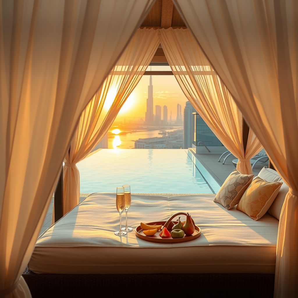 Luxury cabana at Dubai Sky Pool Aura with flowing white drapes, plush daybed with designer cushions, champagne service setup, fresh fruit platter, overlooking the infinity pool and Dubai skyline during golden hour with warm ambient lighting