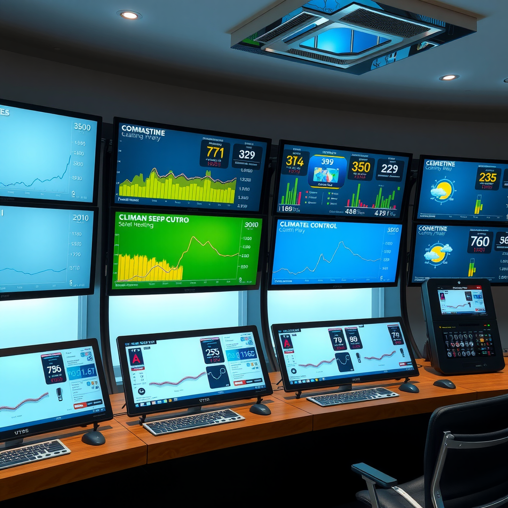Modern climate control center with multiple screens displaying temperature data, weather forecasts, and automated heating system controls for Dubai Sky Pool Aura's infinity pool