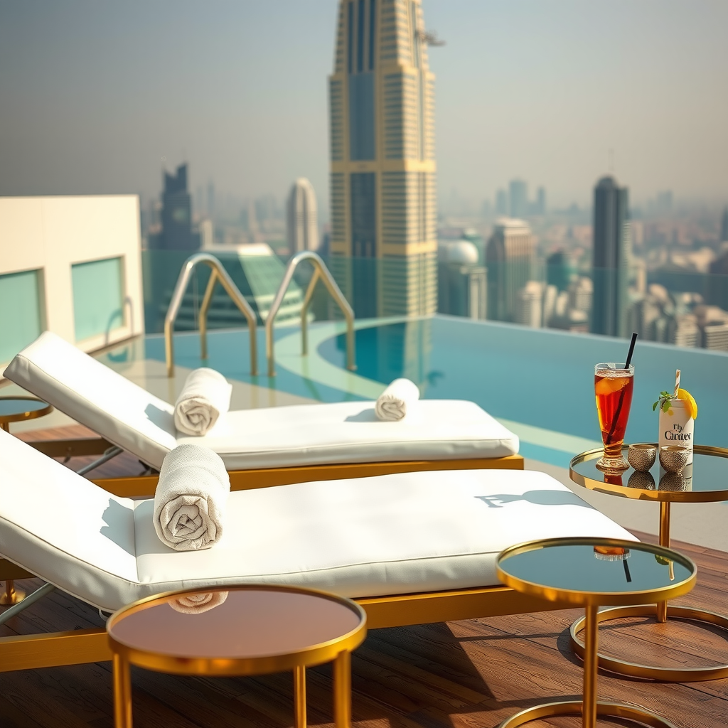 Luxurious poolside setup at Sky Pool Aura showing plush white loungers with champagne gold frames, rolled premium towels, elegant side tables with refreshing beverages, and infinity pool edge with Dubai skyline backdrop