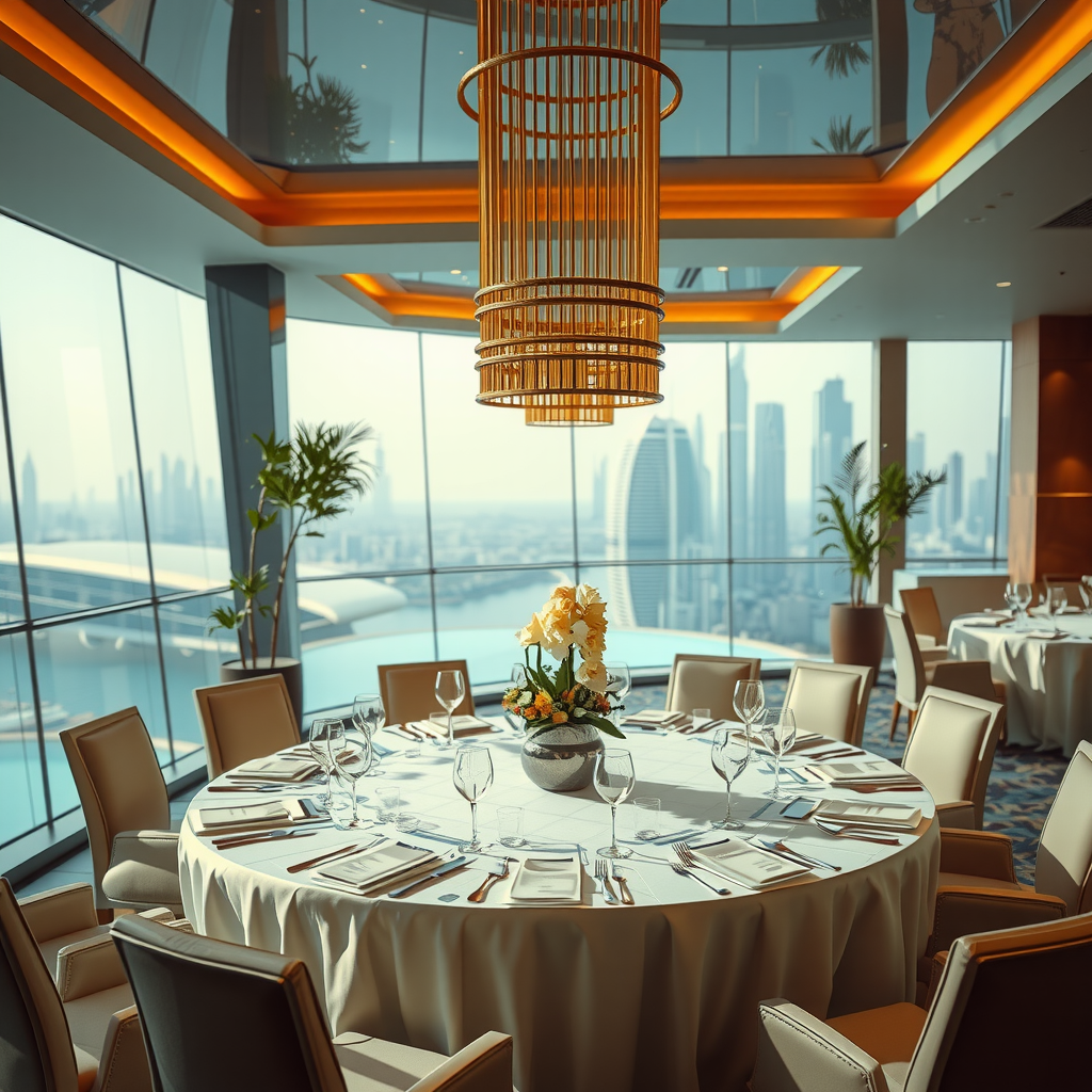 Corporate event at Sky Pool Aura with elegant table settings, professional atmosphere, and panoramic Dubai views