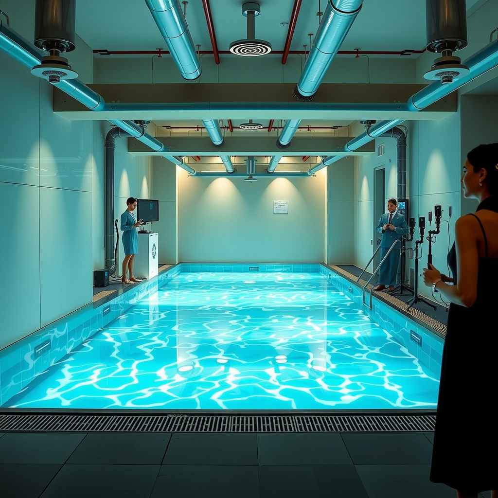 Behind-the-scenes view of Dubai Sky Pool Aura's state-of-the-art water filtration and maintenance systems, showing professional hospitality team in elegant uniforms conducting quality checks, advanced technological equipment for water purification, sustainable eco-friendly practices in action, and pristine crystal-clear pool water reflecting commitment to excellence