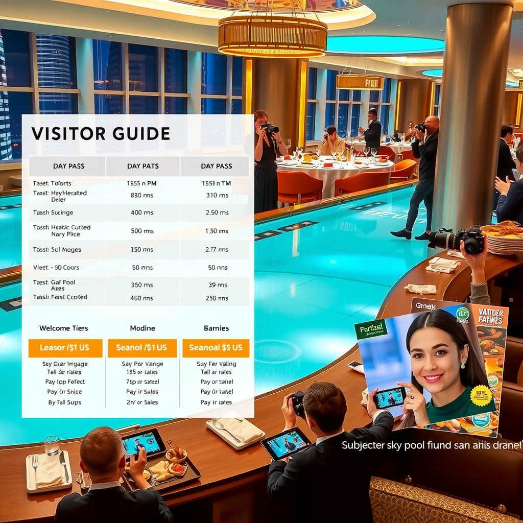 Comprehensive visitor guide layout showing Dubai Sky Pool Aura day pass options, elegant dining setup with gourmet cuisine, guests taking photos with professional cameras, welcome discount promotional materials, various package tiers displayed on golden tablets, and seasonal promotion banners in luxury setting