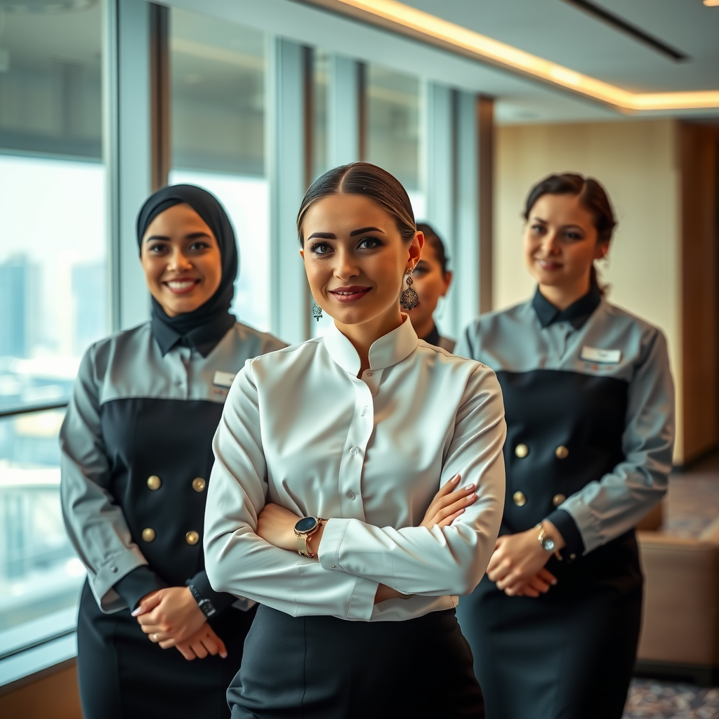 Professional hospitality team at Dubai Sky Pool Aura during a training session, wearing elegant uniforms and learning about guest service excellence in a modern training facility