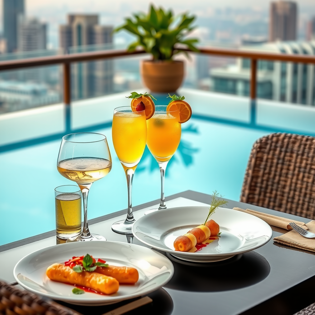 Elegant poolside dining setup at Sky Pool Aura featuring gourmet dishes artfully presented on fine china, fresh tropical cocktails in crystal glasses, modern table setting with champagne gold accents, and infinity pool with city views in background