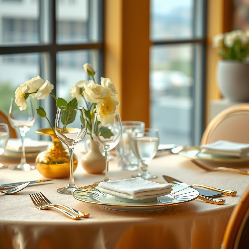 Elegant table setting with gold accents, fine china, crystal glassware, and fresh flowers at Sky Pool Aura