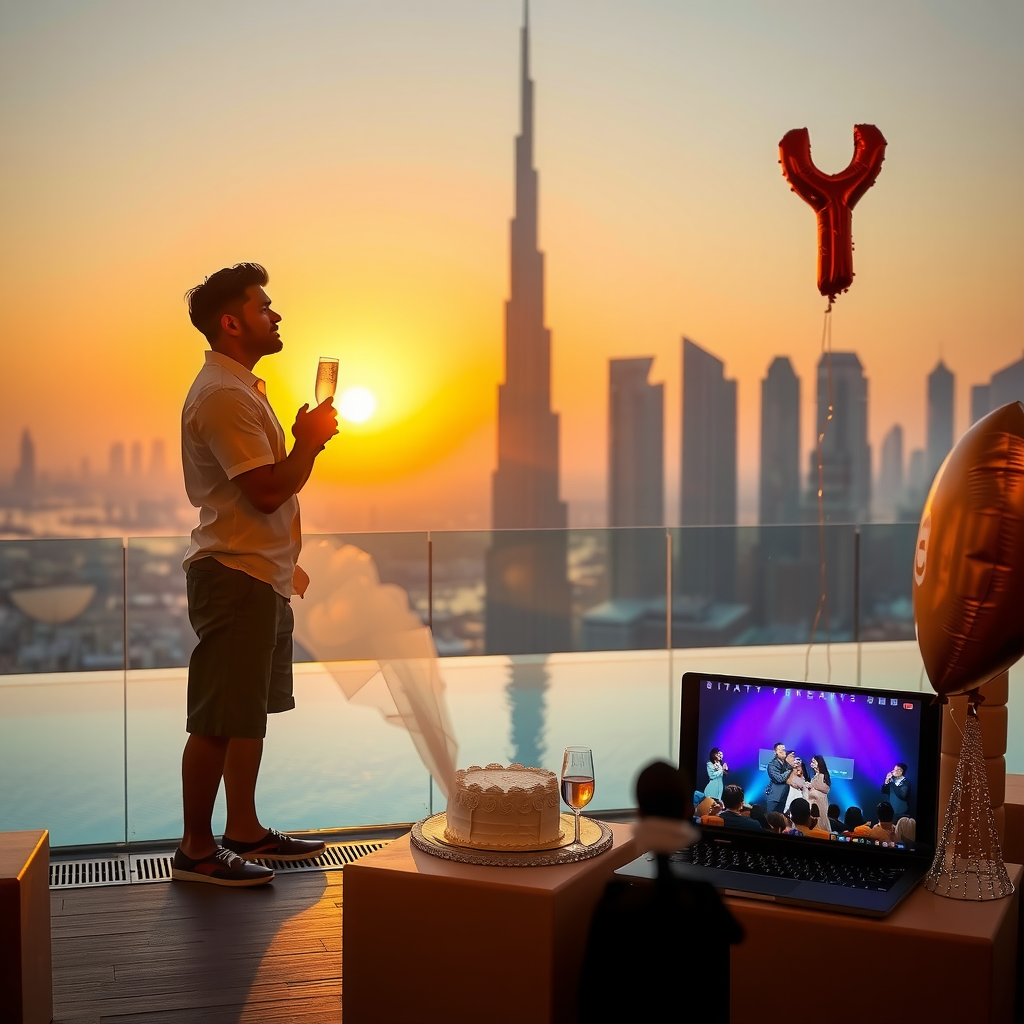 Romantic proposal scene at Dubai Sky Pool Aura with couple silhouetted against stunning Dubai skyline at sunset, champagne celebration setup, birthday party with elegant decorations and gold balloons, corporate event with professional attendees, customizable event packages display, and dedicated events team coordinating bespoke experiences