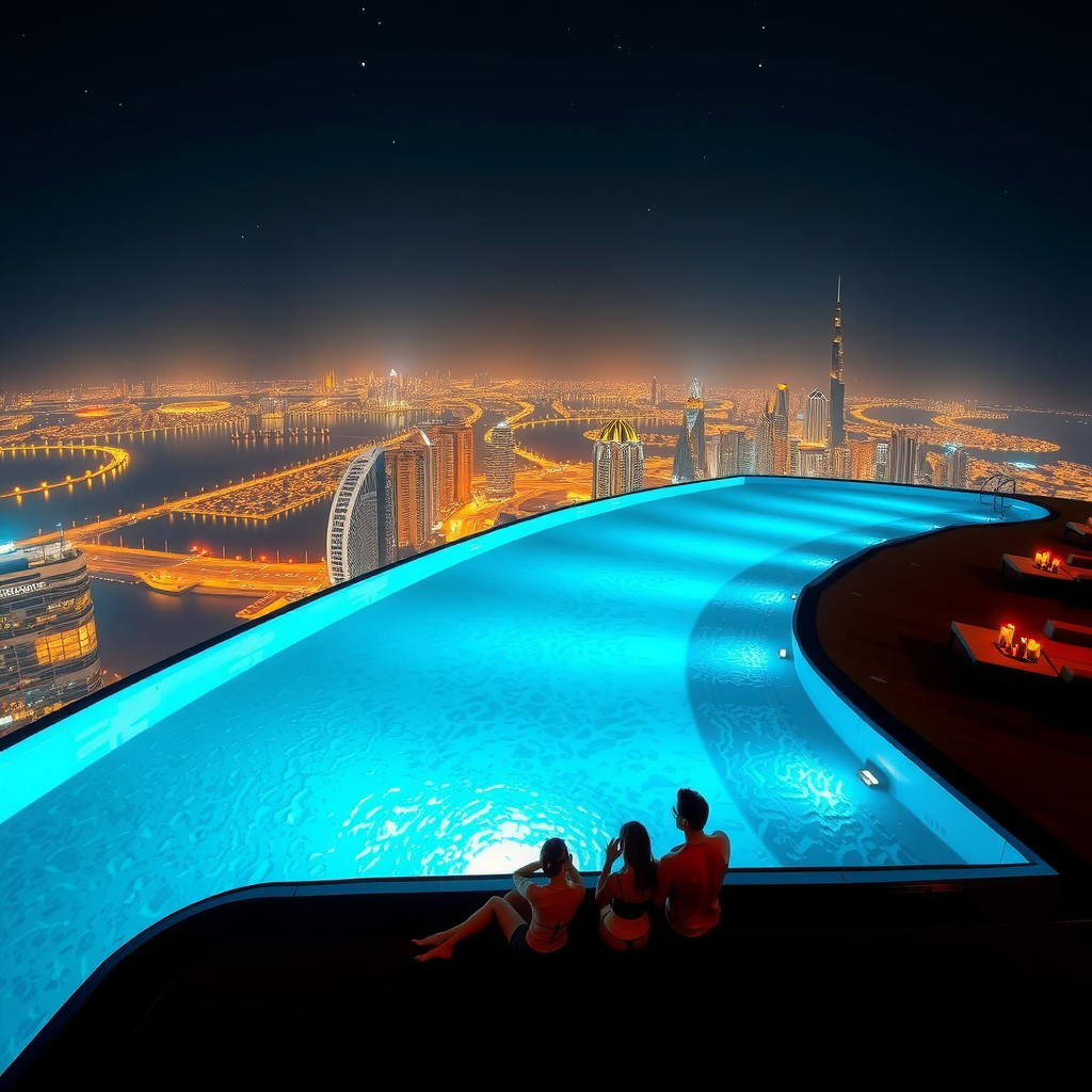 Stunning night view of illuminated infinity pool at Dubai Sky Pool Aura with Dubai city lights twinkling below, underwater LED lighting creating blue and gold hues, luxury ambiance with stars visible in the sky above, romantic atmosphere with couples enjoying the pool