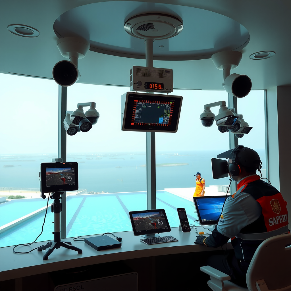 Advanced safety monitoring station at Dubai Sky Pool Aura showing multiple camera feeds, emergency response equipment, and certified lifeguards monitoring the infinity pool area