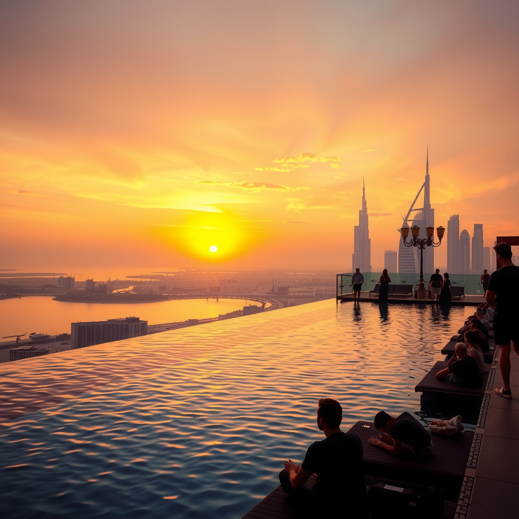 Breathtaking sunset view from Sky Pool Aura infinity pool, golden and pink sky reflecting on water surface, silhouettes of guests enjoying the moment, Dubai skyline illuminated in warm evening light, creating romantic and luxurious atmosphere